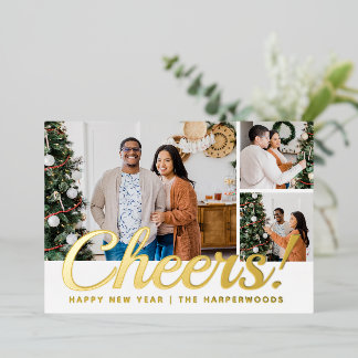 Modern 3 Photo Collage Cheers Happy New Year  Folie Feestdagenkaart