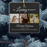 Modern 3 Photo Collage Memorial Keramisch Ornament<br><div class="desc">Deze stijlvolle begrafenisgedenkornament zou een groot goed zijn voor vrienden en familie. In de moderne versie staan 3 foto's van uw geliefde, tekst die 'IN HET LICHTEN VAN GEHEUGEN' staat, hun naam, datums en een persoonlijk bericht. De stijlen van de tekstdoopvont, de grootte, de kleur en de achtergrondkleur kunnen worden...</div>