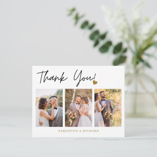 Modern 3 Photo Collage Wedding Bedankkaart (Staand voorkant)