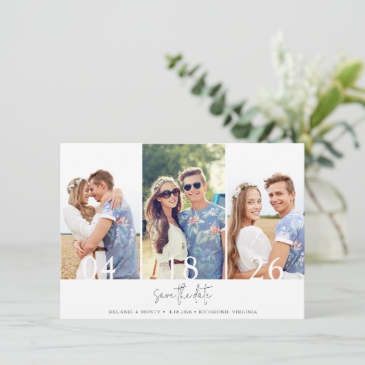 Modern 3 Photo Collage Wedding Save The Date (Staand voorkant)