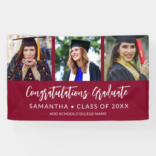 Modern 3 Photo Congratulations Maroon Graduation Spandoek (Horizontaal)