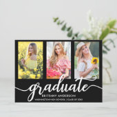 Modern 3 Photo Graduation Party Invitation BW Kaart (Staand voorkant)