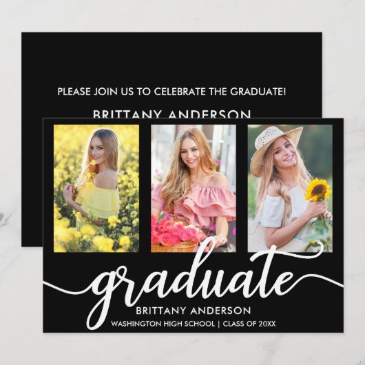Modern 3 Photo Graduation Party Invitation BW Kaart (Voorkant / Achterkant)