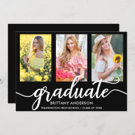 Modern 3 Photo Graduation Party Invitation BW Kaart