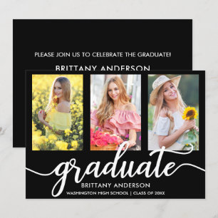 Modern 3 Photo Graduation Party Invitation BW Kaart