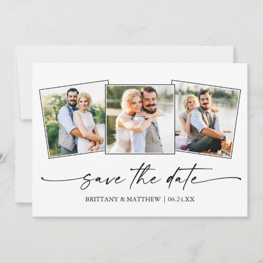Modern 3 Photo Minimalist Ink Script Save The Date (Voorkant)