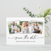 Modern 3 Photo Minimalist Ink Script Save The Date (Staand voorkant)
