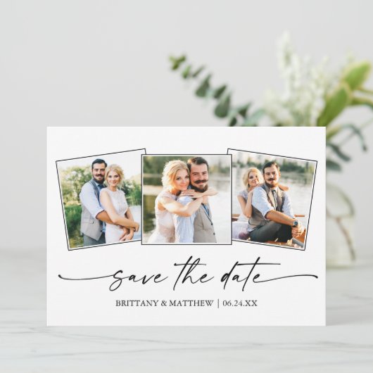 Modern 3 Photo Minimalist Ink Script Save The Date (Staand voorkant)