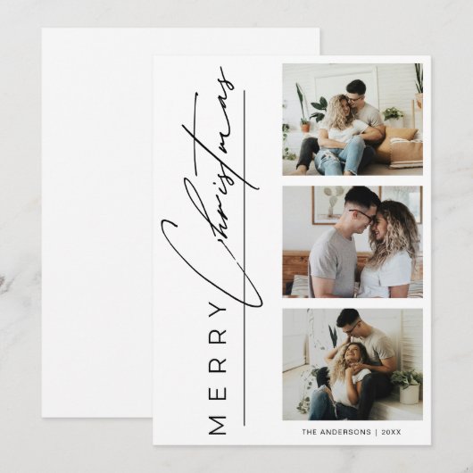 Modern 3 Photo Minimalist Merry Christmas Script Feestdagenkaart (Voorkant / Achterkant)