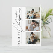 Modern 3 Photo Minimalist Merry Christmas Script Feestdagenkaart (Staand voorkant)