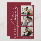 Modern 3 Photo Minimalist Red Christmas Script Feestdagenkaart (Voorkant / Achterkant)