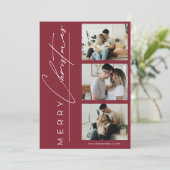 Modern 3 Photo Minimalist Red Christmas Script Feestdagenkaart (Staand voorkant)