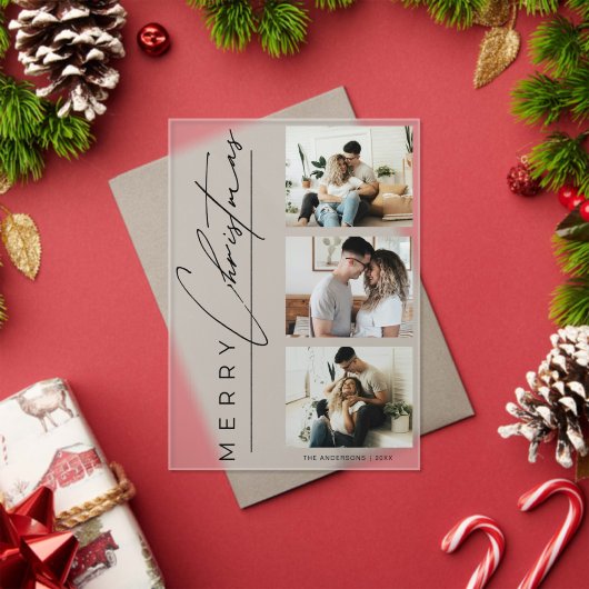 Modern 3 Photo Minimalist Script Christmas Card Acryl Uitnodigingen (Insity (Feestdagen))