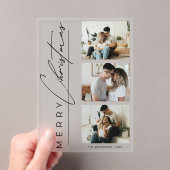 Modern 3 Photo Minimalist Script Christmas Card Acryl Uitnodigingen (Insitu (Draagbaar))