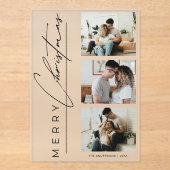 Modern 3 Photo Minimalist Script Christmas Card Acryl Uitnodigingen (Voorkant)
