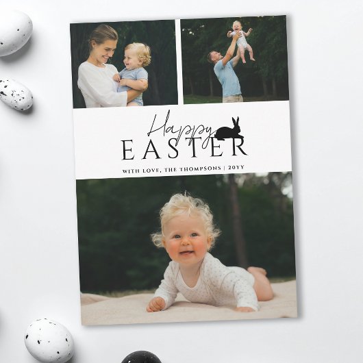 Modern 3 Photo Template And Bunny Minimal Easter Kaart