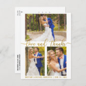 Modern 3 Photo Wedding Love and Bedankt Gold Scrip Briefkaart (Voorkant / Achterkant)