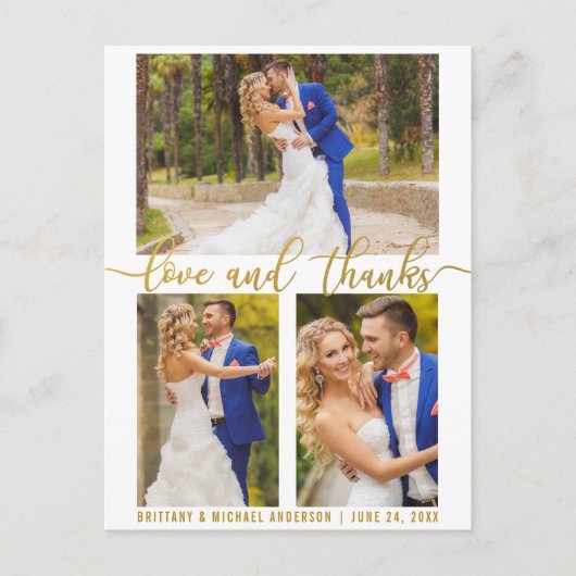 Modern 3 Photo Wedding Love and Bedankt Gold Scrip Briefkaart (Voorkant)