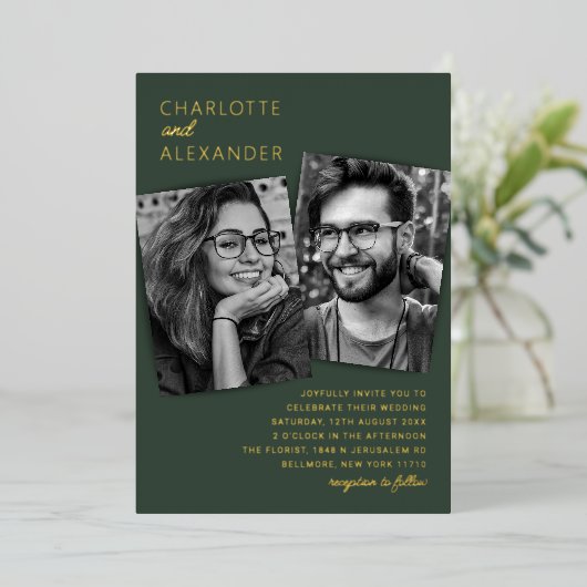 Modern 3 Photo Wedding Real Folie Uitnodiging (Staand Voorkant)