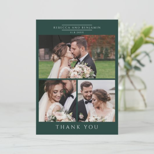 Modern 3 Photos Hand-Lettered Wedding Bedankkaart (Staand voorkant)