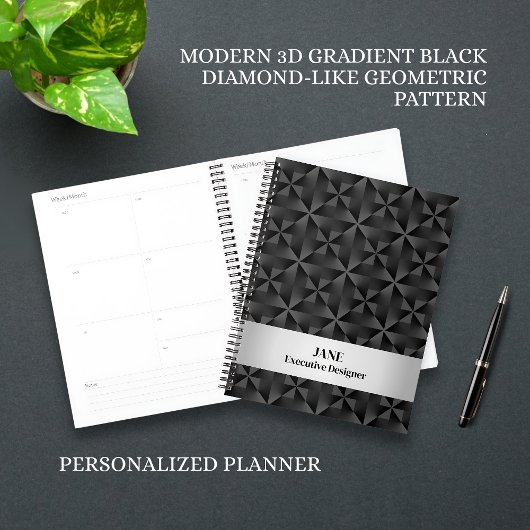 Modern 3D Gradient Zwart Diamant Geometrisch Patro Planner