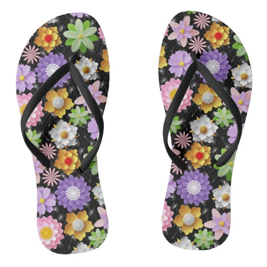Modern 3D Kleurrijk Bloemen Patroon 03x4 Zwart BG Teenslippers (Voetbed)