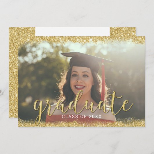 Modern 3D Script Gold Glitter Photo Afstuderen Kaart (Voorkant / Achterkant)