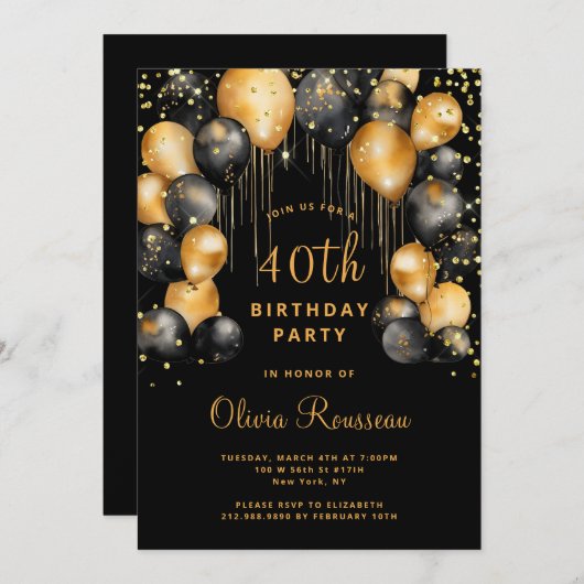 Modern 40e verjaardagsfeest zwart goud kaart (Voorkant / Achterkant)