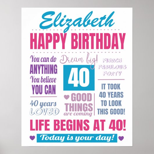 Modern 40th Birthday Quote Poster (Voorkant)