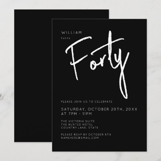 Modern 40th Dertigste Zwart verjaardagsfeestje Kaart (Voorkant / Achterkant)
