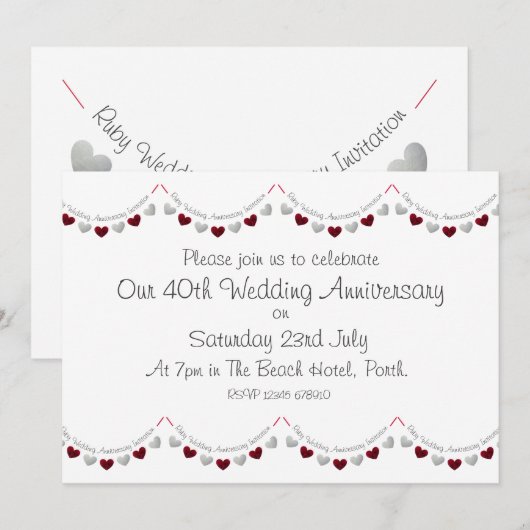 Modern 40th Ruby Wedding Jubileum Uitnodiging (Voorkant / Achterkant)