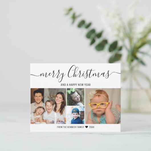 Modern 4 Familie Fotocollage Vrolijk Kerstfeest Feestdagenkaart (Staand voorkant)
