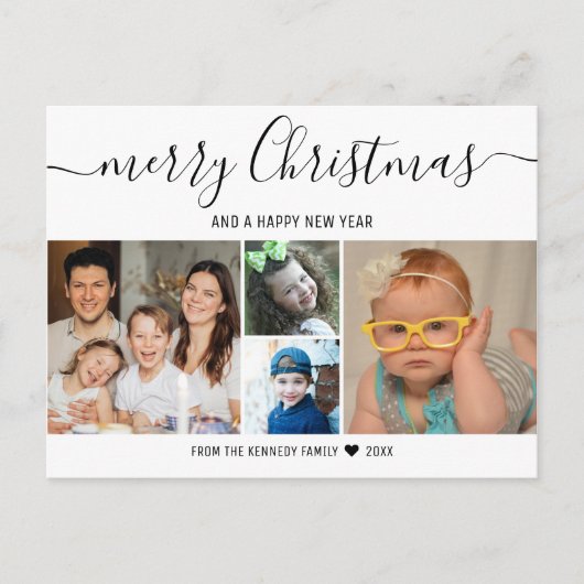 Modern 4 Familie Fotocollage Vrolijk Kerstfeest Feestdagenkaart (Voorkant)