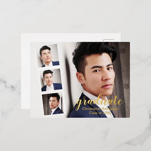 Modern 4 Foto Afstuderen Folie Uitnodiging Briefkaart (Voorkant / Achterkant)