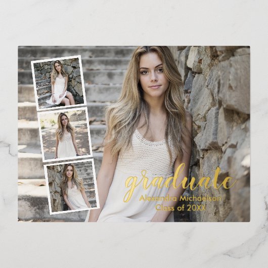 Modern 4 Foto Afstuderen Folie Uitnodiging Briefkaart (Voorkant)