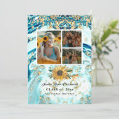 Modern 4 Foto Collage Blue Sunflower afstuderen Aankondiging (Staand voorkant)