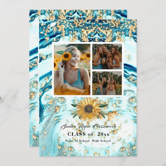 Modern 4 Foto Collage Blue Sunflower afstuderen Aankondiging (Voorkant / Achterkant)