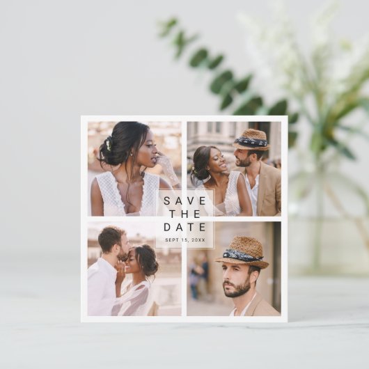 Modern 4-foto-collage bruiloft save the date (Staand voorkant)