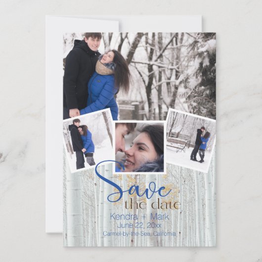 Modern 4 Foto Collage Cobalt Birch Save the Date Kaart (Voorkant)