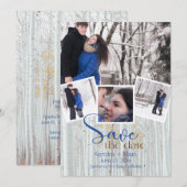 Modern 4 Foto Collage Cobalt Birch Save the Date Kaart (Voorkant / Achterkant)