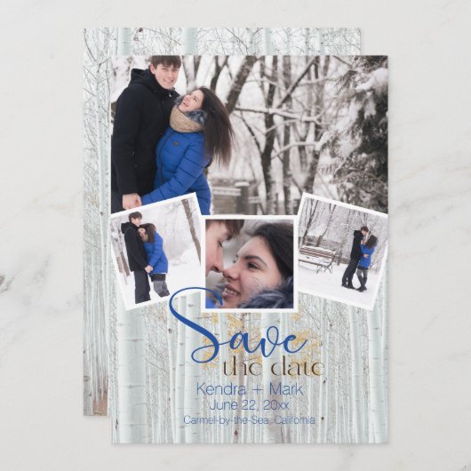 Modern 4 Foto Collage Cobalt Birch Save the Date Kaart (Voorkant / Achterkant)