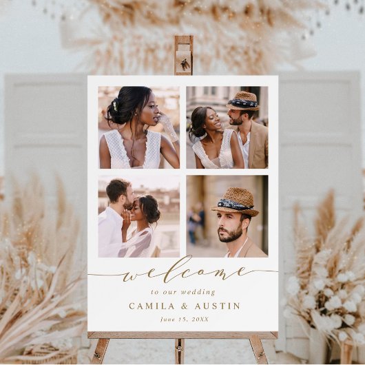 Modern 4 Foto Collage Gold Wedding Welkomstteken Poster