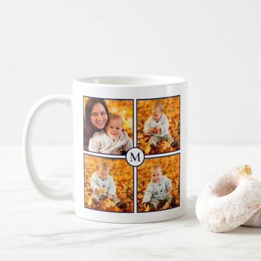 Modern 4 Foto Collage Navy Blue Monogram op wit Koffiemok (Met donut)