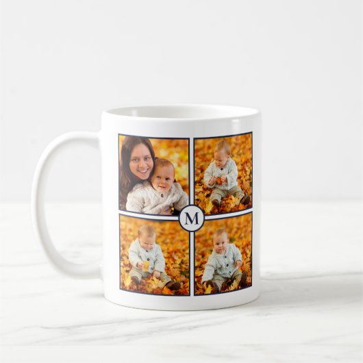 Modern 4 Foto Collage Navy Blue Monogram op wit Koffiemok (Links)