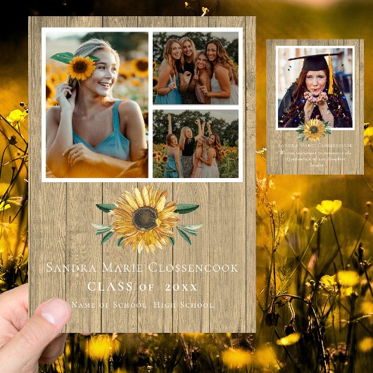 Modern 4 Foto Collage Sunflower afstuderen Aankondiging