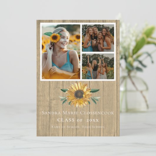 Modern 4 Foto Collage Sunflower afstuderen Aankondiging (Staand voorkant)