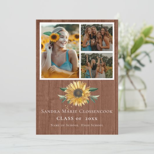Modern 4 Foto Collage Sunflower afstuderen Annou Aankondiging (Staand voorkant)