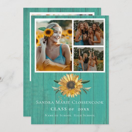 Modern 4 Foto Collage Sunflower afstuderen Annou Aankondiging (Voorkant / Achterkant)