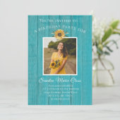 Modern 4 Foto Collage Sunflower Birthday Party Aankondiging (Staand voorkant)