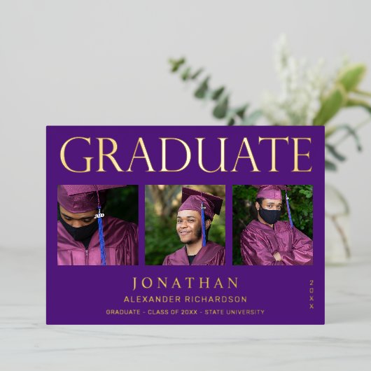 Modern 4 Foto Folie Afstuderen Aankondiging Paars (Staand Voorkant)
